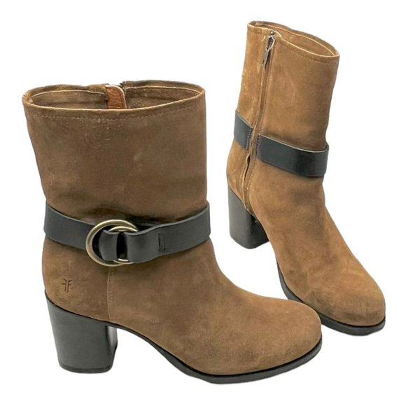 Frye Addie Harness Mid Chestnut Italian Leather Womens Boots Brass Hardware 7B - Picture 8 of 12